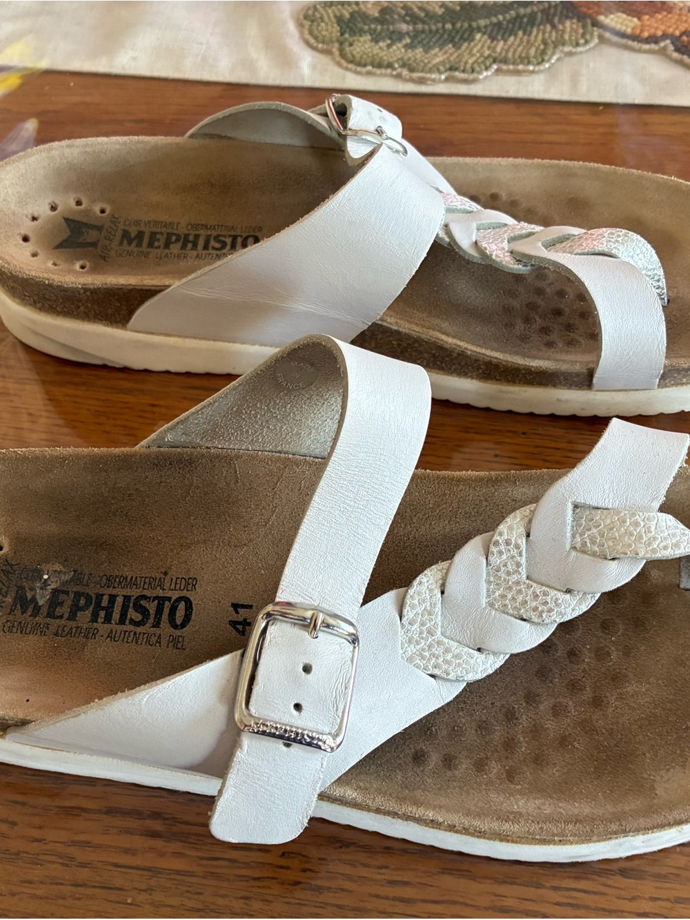 Mephisto Women’s White Braided Leather Slide Sandals
